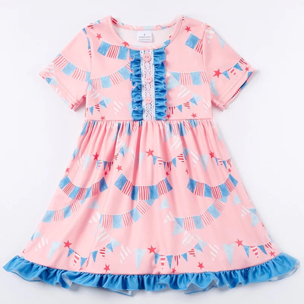 🆕 Pink Flag Print Ruffle Boutique Dress Girls USA American Patriotic